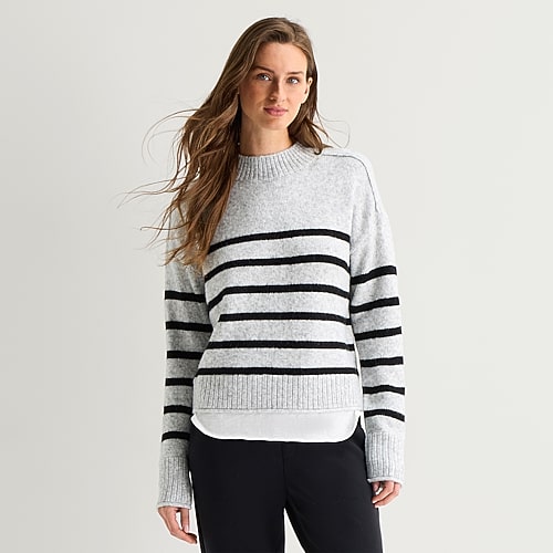 Stylus Womens Mock Neck Long Sleeve Striped Pullover Sweater In Gray