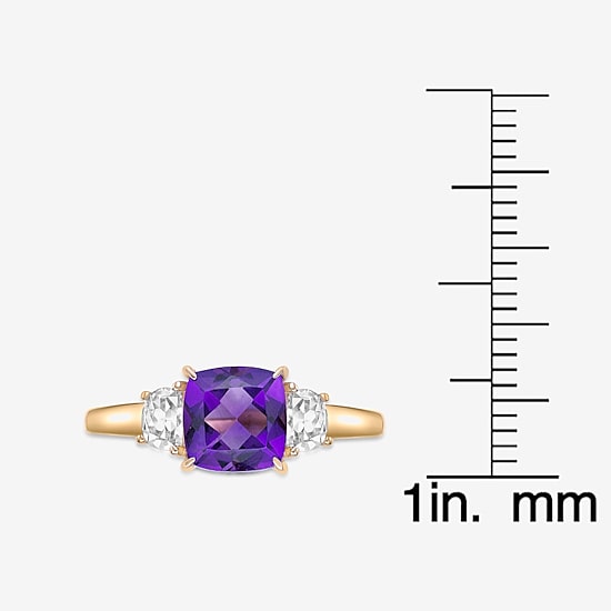 Womens Genuine Purple Amethyst 18K Gold Over Silver Cushion 3-Stone Cocktail Ring