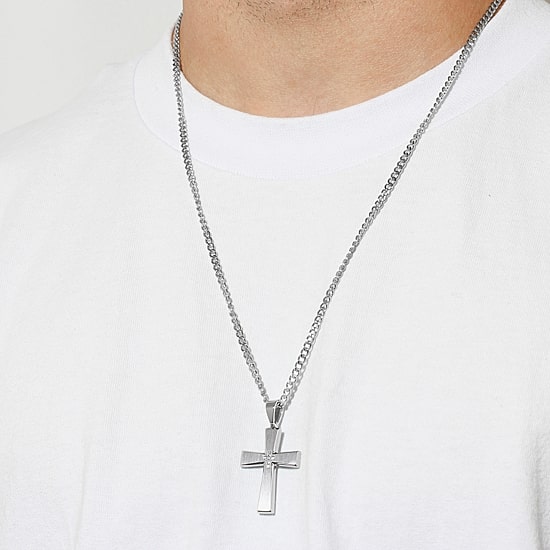 Mens Diamond-Accent Stainless Steel Cross Pendant Necklace