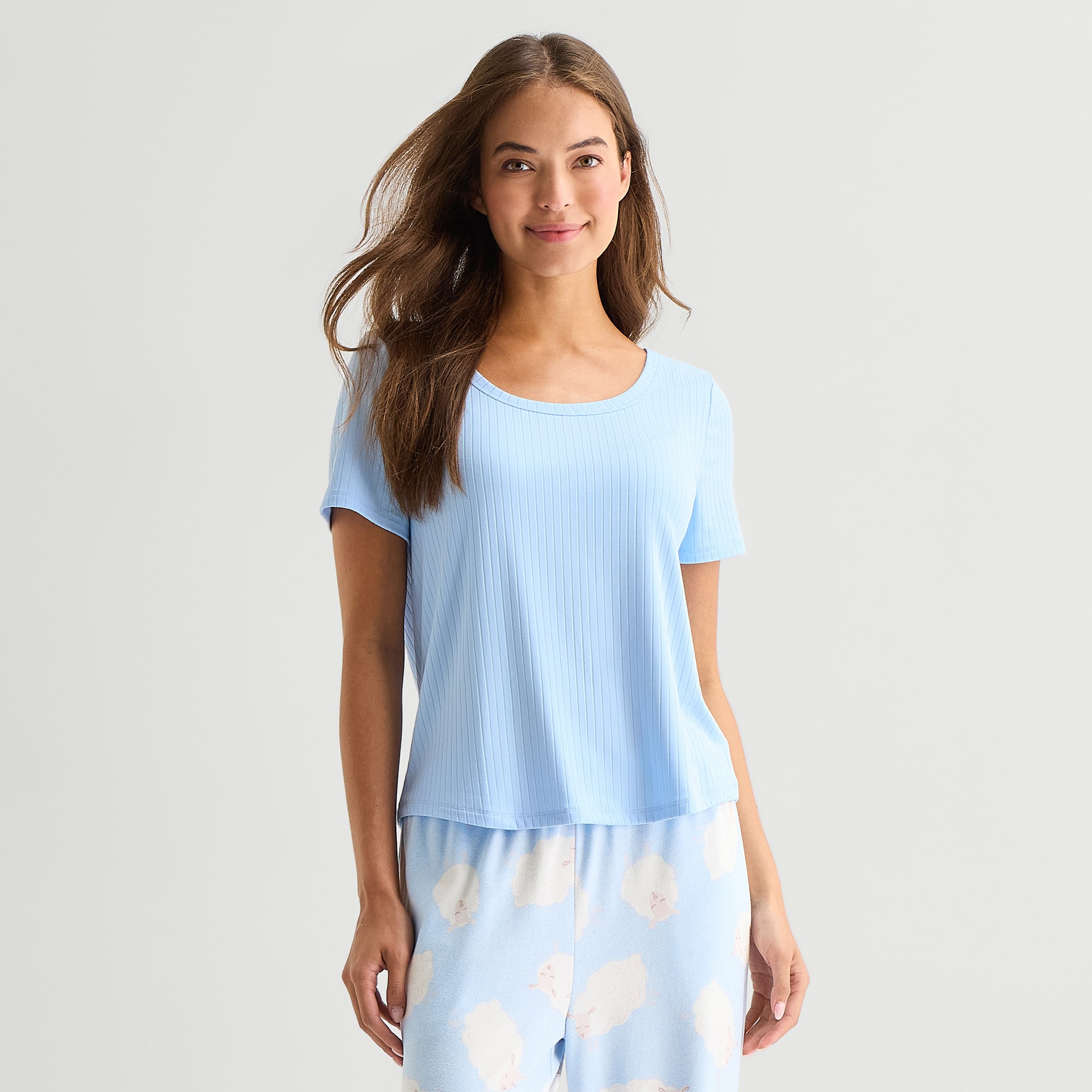Sleep Chic Womens Flannel Crew Neck Short Sleeve Pajama Top
