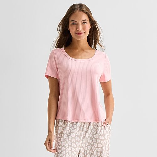 Sleep Chic Womens Flannel Crew Neck Short Sleeve Pajama Top In Pink