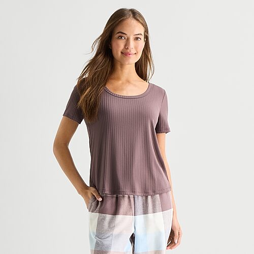Sleep Chic Womens Flannel Crew Neck Short Sleeve Pajama Top In Gray