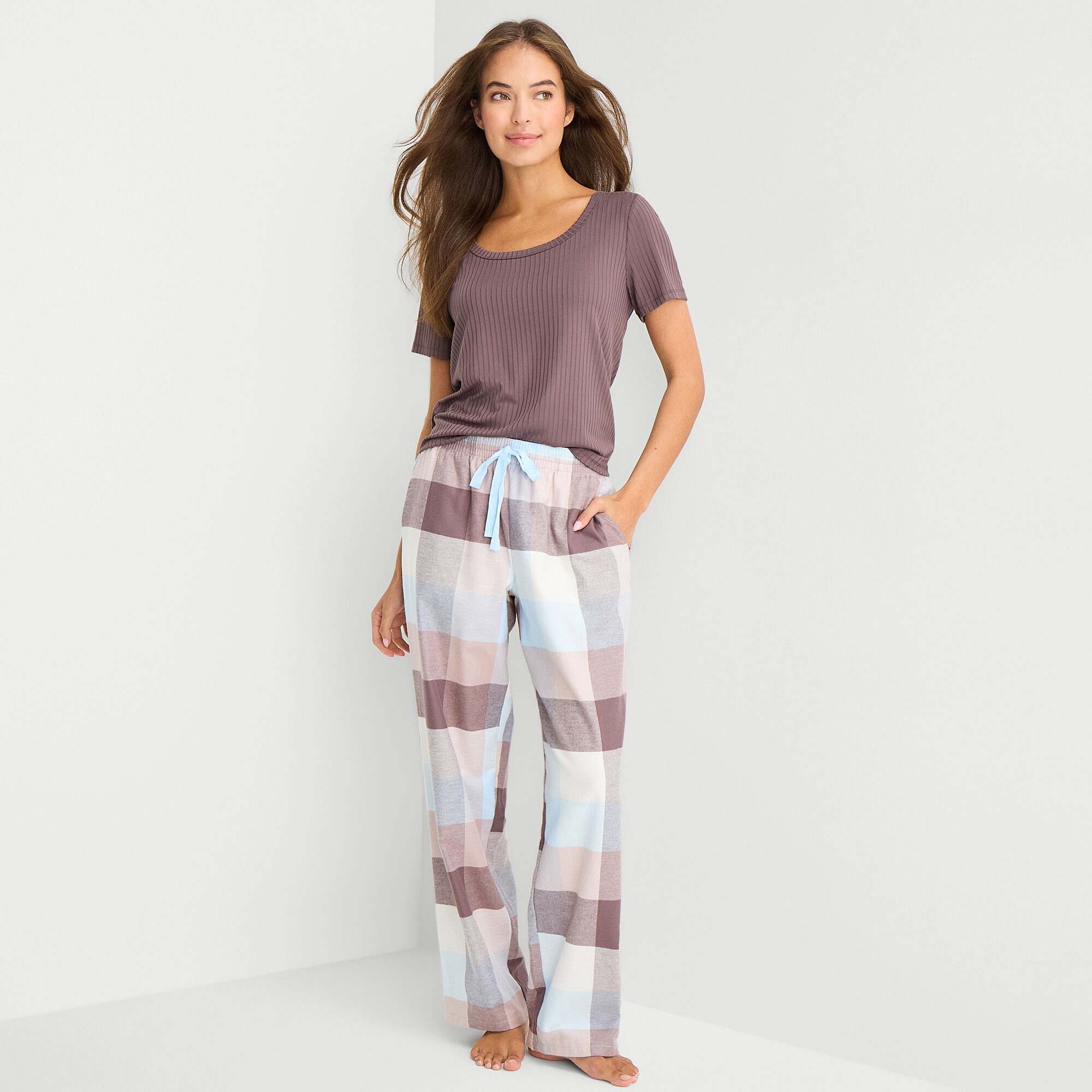 Sleep Chic Womens Flannel Crew Neck Short Sleeve Pajama Top
