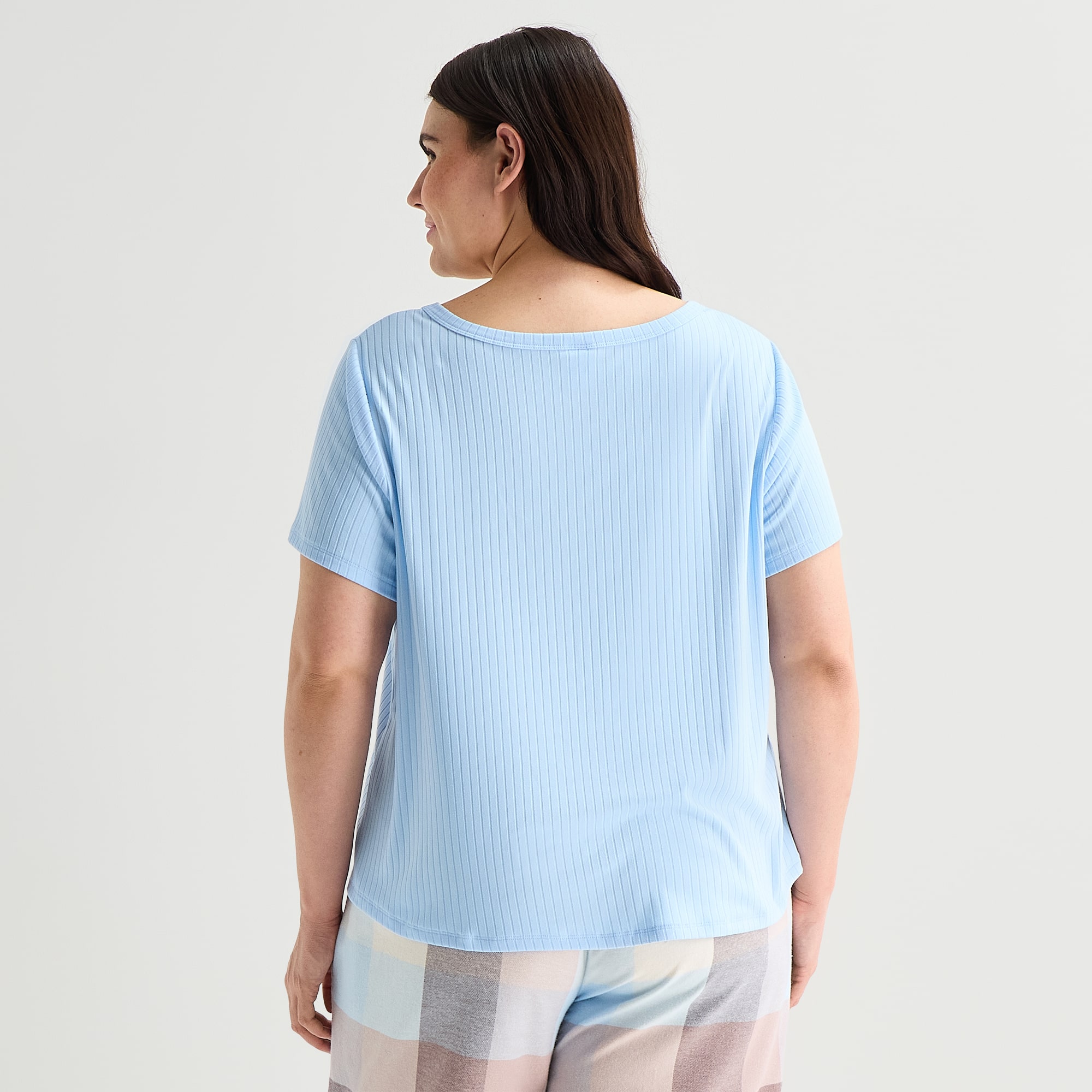 Sleep Chic Womens Flannel Crew Neck Short Sleeve Plus Pajama Top
