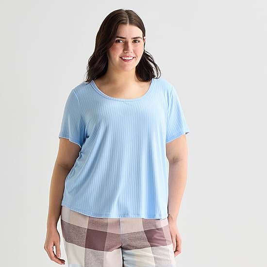 Sleep Chic Womens Flannel Crew Neck Short Sleeve Plus Pajama Top