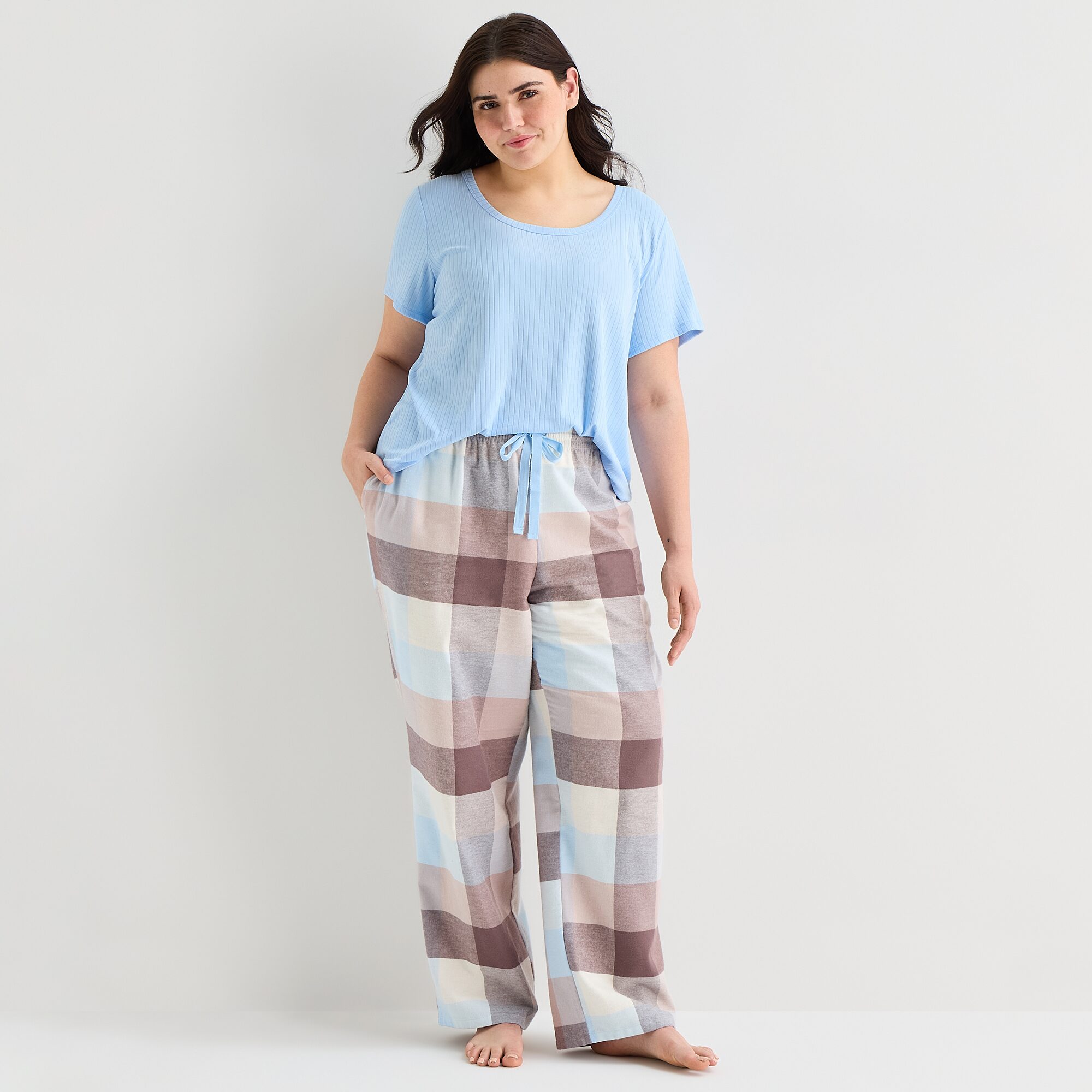 Sleep Chic Womens Flannel Crew Neck Short Sleeve Plus Pajama Top