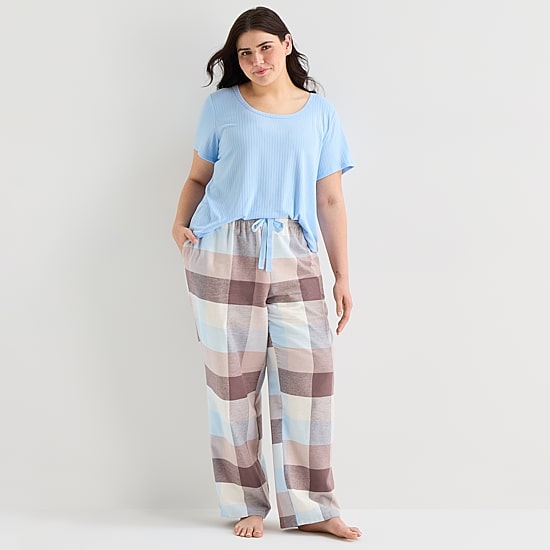 Sleep Chic Womens Flannel Crew Neck Short Sleeve Plus Pajama Top