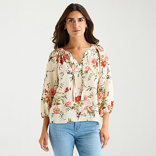 St. John's Bay Womens Tall Split Tie Neck 3/4 Sleeve Blouse In Blue