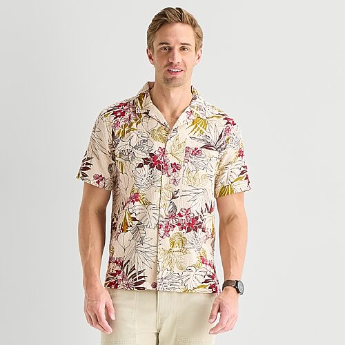 mutual weave Mens Short Sleeve Camp Shirt, Small, Beige