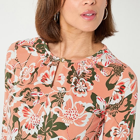 Liz Claiborne Womens Petite Keyhole Neck 3/4 Sleeve Blouse