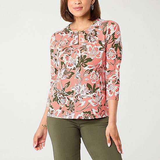 Liz Claiborne Womens Petite Keyhole Neck 3/4 Sleeve Blouse