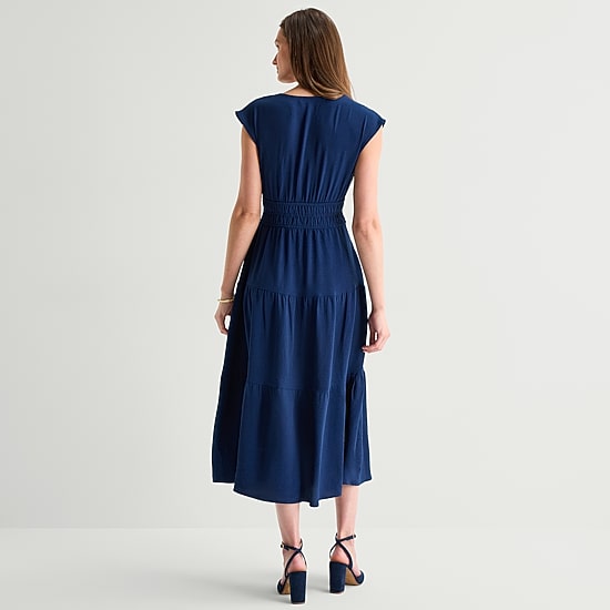 Be by CHETTA B Womens Midi V Neck Short Sleeve Fit + Flare Dress