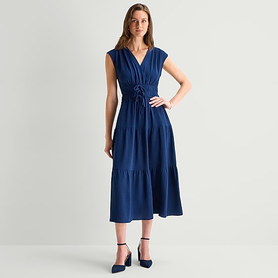 Be by CHETTA B Womens Midi V Neck Short Sleeve Fit + Flare Dress