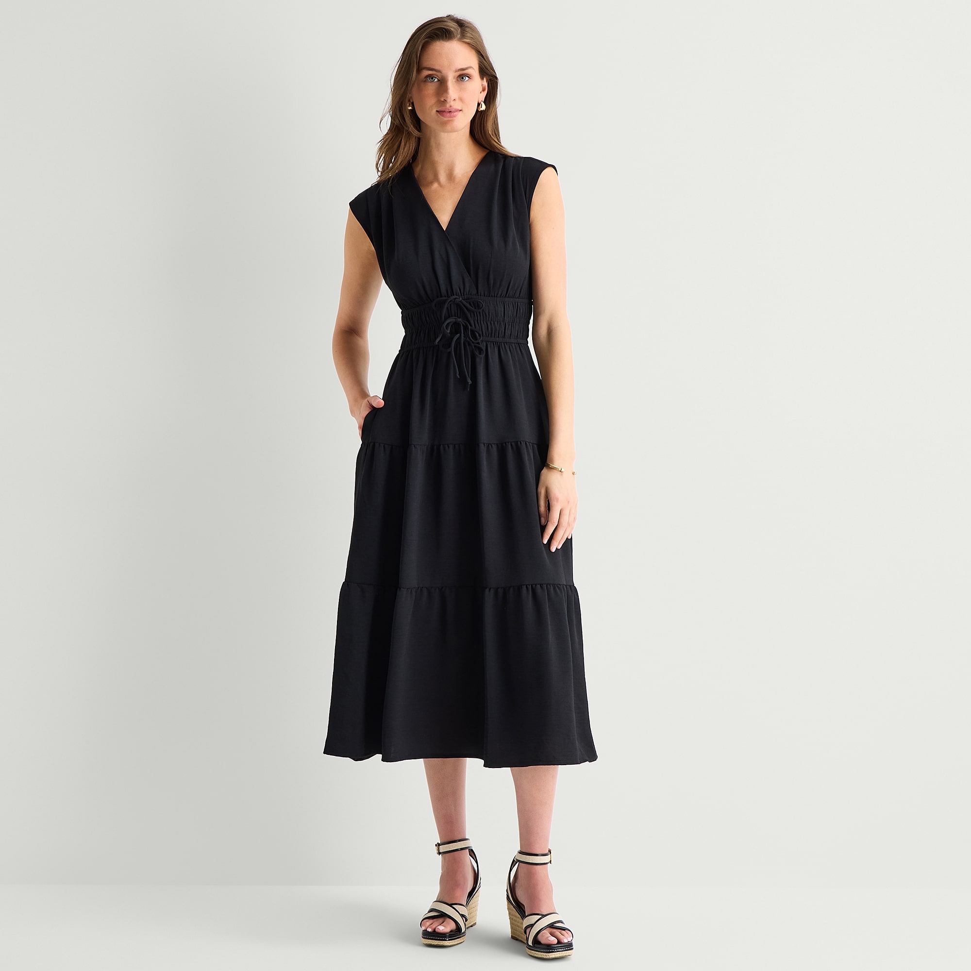 Be by CHETTA B Womens Midi V Neck Short Sleeve Fit + Flare Dress