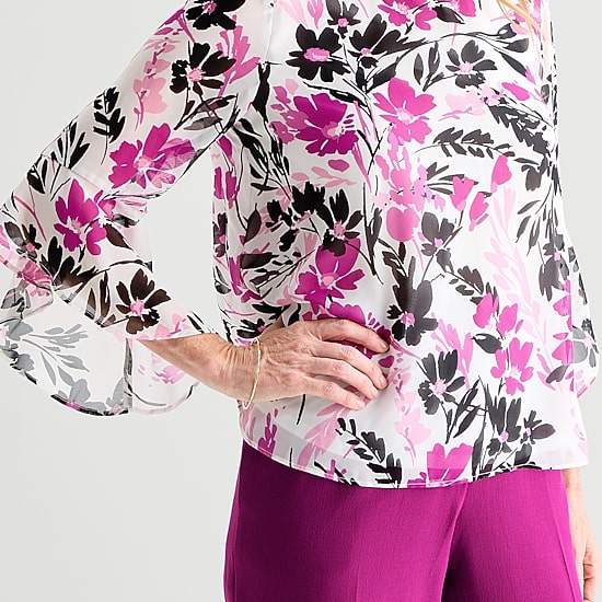 Black Label by Evan-Picone Womens Round Neck 3/4 Sleeve Blouse