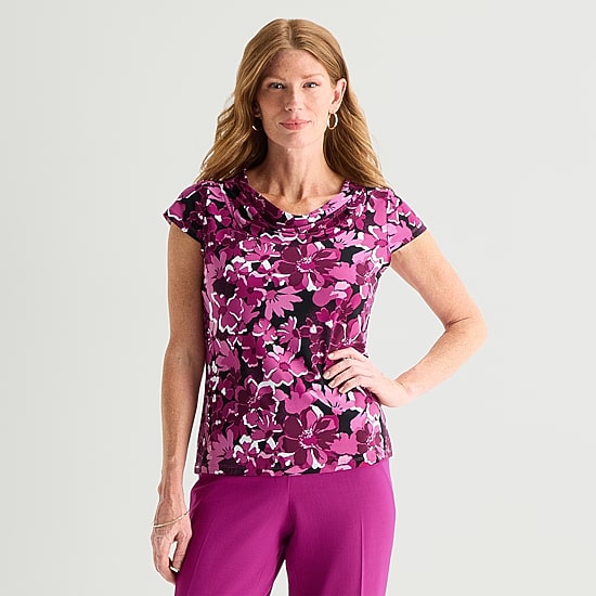 Black Label by Evan-Picone Womens Cowl Neck Short Sleeve Blouse