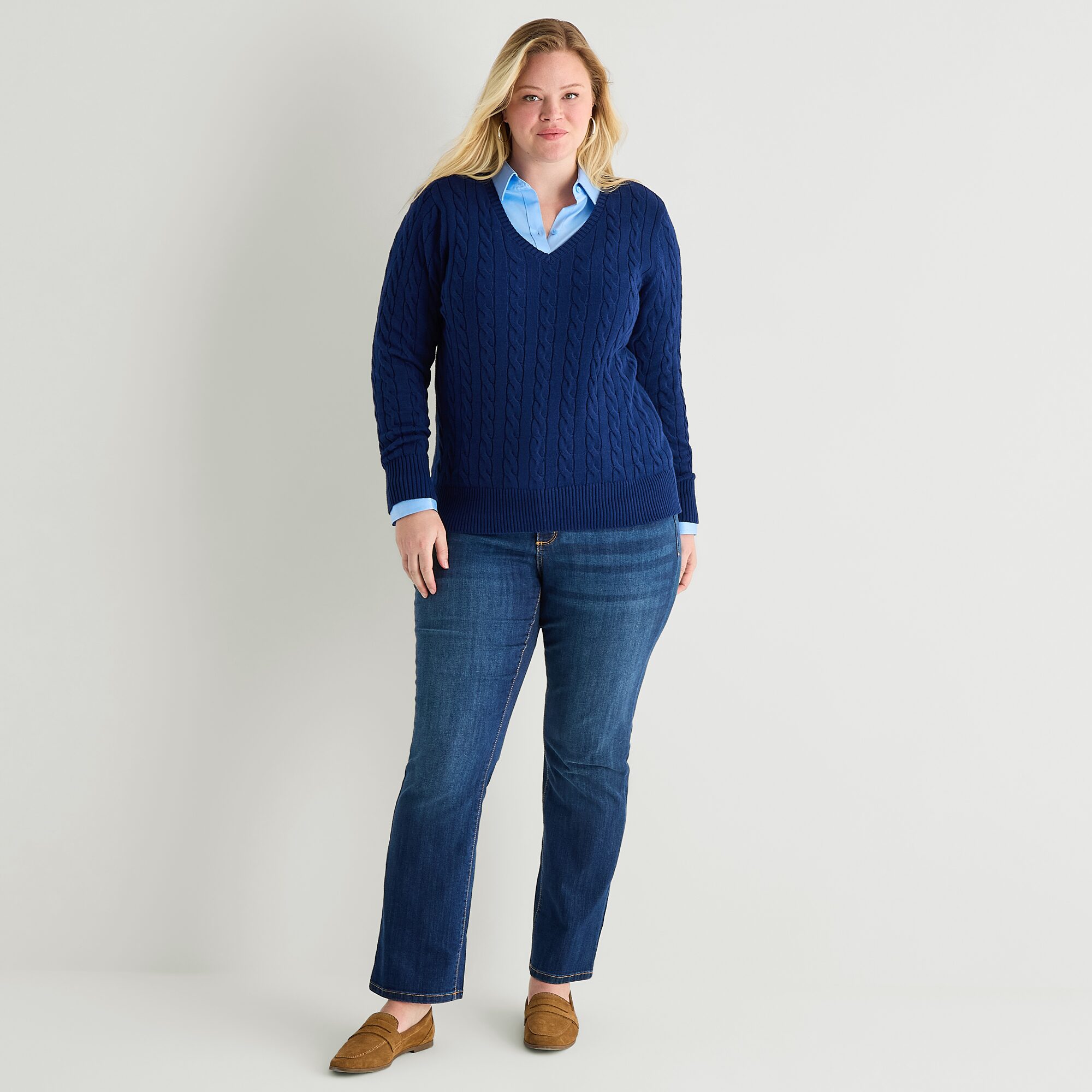 St. John's Bay Plus Womens V Neck Long Sleeve Cable Knit Pullover Sweater