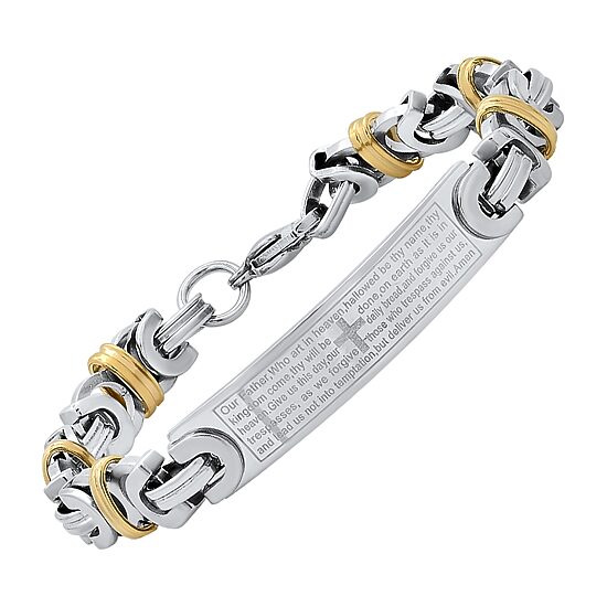 Steeltime Lord'S Prayer Mens 18K Gold Over Stainless Steel 8 Inch Solid Byzantine Hypoallergenic Id Bracelet
