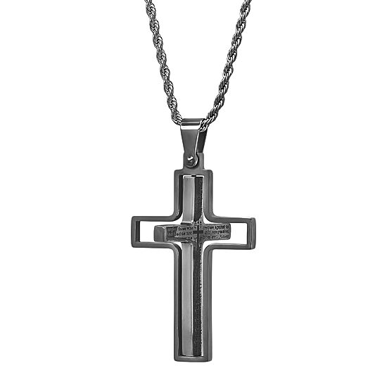 Steeltime Lord'S Prayer Mens Stainless Steel Cross Hypoallergenic 24 Inch Pendant Necklace
