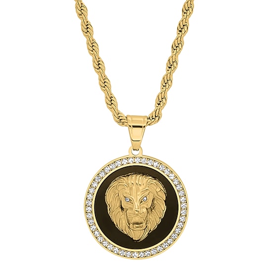 Steeltime Lion Mens Cubic Zirconia 18K Gold Over Stainless Steel Round Hypoallergenic 30 Inch Pendant Necklace