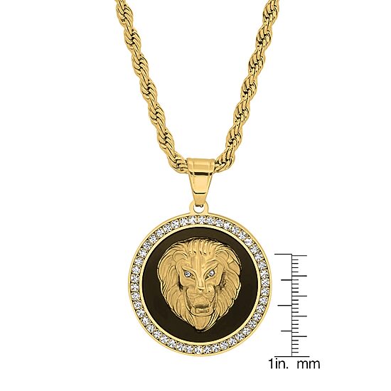 Steeltime Lion Mens Cubic Zirconia 18K Gold Over Stainless Steel Round Hypoallergenic 30 Inch Pendant Necklace