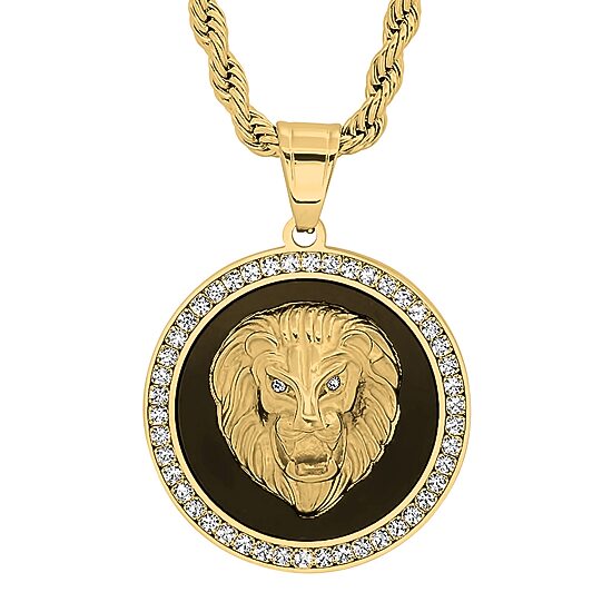 Steeltime Lion Mens Cubic Zirconia 18K Gold Over Stainless Steel Round Hypoallergenic 30 Inch Pendant Necklace