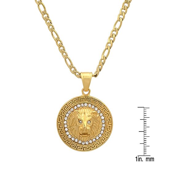 Steeltime Lion Mens Cubic Zirconia 18K Gold Over Stainless Steel Round Hypoallergenic 24 Inch Pendant Necklace