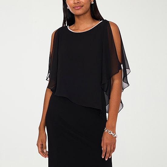 MSK Womens Boat Neck Elbow Sleeve Cape Embellished Evening Gown