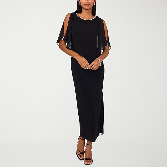 MSK Womens Boat Neck Elbow Sleeve Cape Embellished Evening Gown