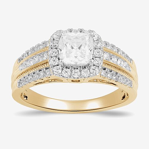 (G / I1) Womens 1 1/2 CT. T.W. Lab Grown White Diamond 10K Gold Cushion Side Stone Halo Engagement Ring, 9, Yellow