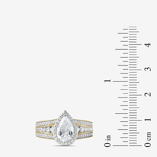 (G / I1) Womens 2 CT. T.W. Lab Grown White Diamond 10K Gold Pear Side Stone Halo Engagement Ring