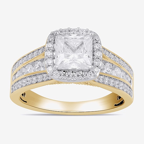 (G / I1) Womens 2 CT. T.W. Lab Grown White Diamond 10K Gold Side Stone Halo Engagement Ring