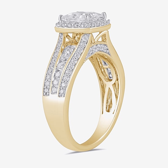 (G / I1) Womens 2 CT. T.W. Lab Grown White Diamond 10K Gold Side Stone Halo Engagement Ring