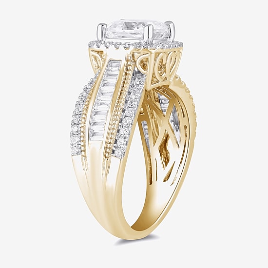 (G / I1) Womens 2 3/4 CT. T.W. Lab Grown White Diamond 10K Gold Cushion Side Stone Halo Engagement Ring