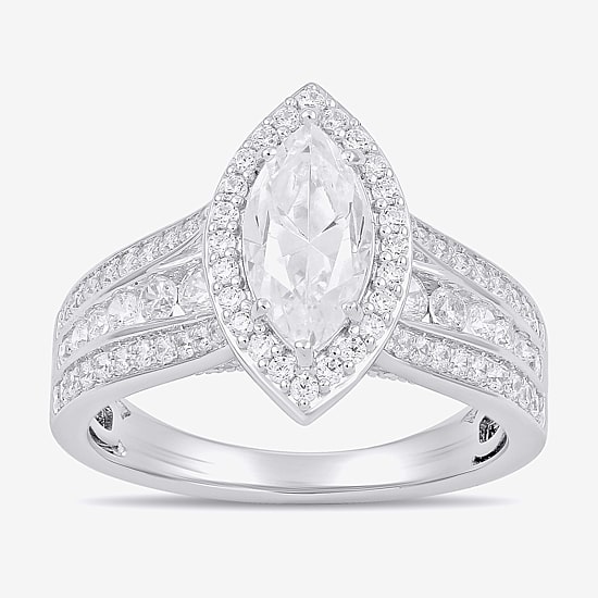 (G / I1) Womens 2 CT. T.W. Lab Grown White Diamond 10K Gold Marquise Side Stone Halo Engagement Ring