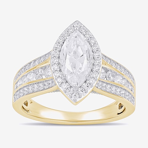 (G / I1) Womens 2 CT. T.W. Lab Grown White Diamond 10K Gold Marquise Side Stone Halo Engagement Ring, 9, Yellow