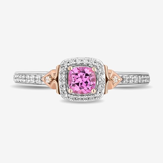 Enchanted Disney Fine Jewelry Womens 1/6 CT. T.W. Lab Created Pink Sapphire 14K Rose Gold Over Silver Cushion Aurora Sleeping Beauty Cocktail Ring