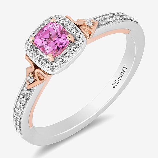 Enchanted Disney Fine Jewelry Womens 1/6 CT. T.W. Lab Created Pink Sapphire 14K Rose Gold Over Silver Cushion Aurora Sleeping Beauty Cocktail Ring