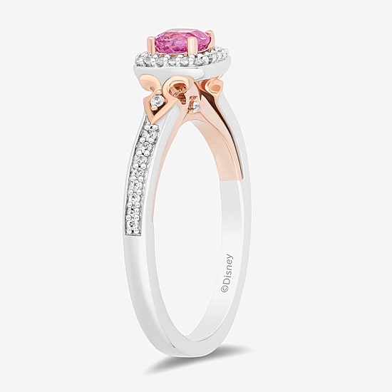 Enchanted Disney Fine Jewelry Womens 1/6 CT. T.W. Lab Created Pink Sapphire 14K Rose Gold Over Silver Cushion Aurora Sleeping Beauty Cocktail Ring