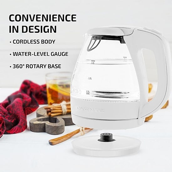 Ovente 1.5 Litre Glass With Led Light Stainless Steel Electric Kettle