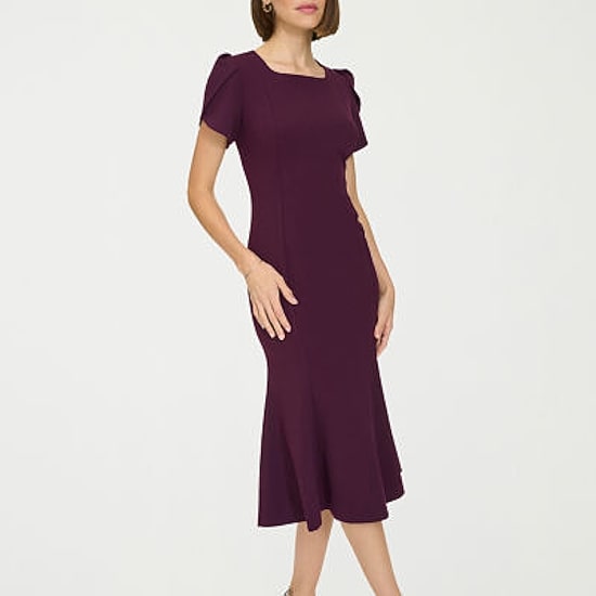 Marc New York Womens Midi Square Neck Short Sleeve Fit + Flare Dress