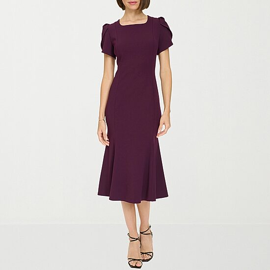 Marc New York Womens Midi Square Neck Short Sleeve Fit + Flare Dress