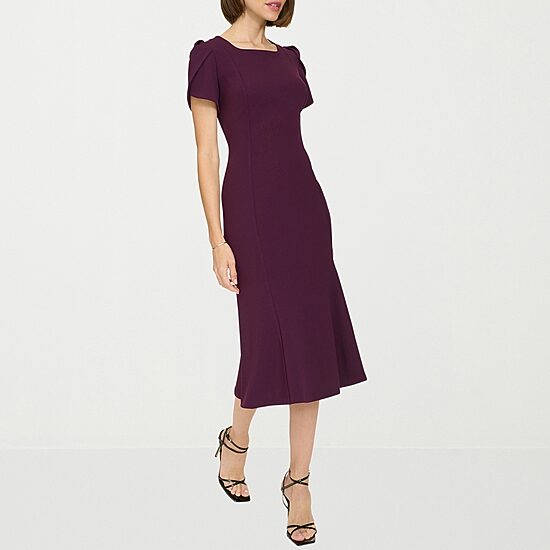 Marc New York Womens Midi Square Neck Short Sleeve Fit + Flare Dress