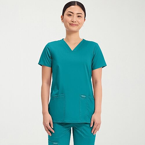 Cherokee Ck Ww Revolution Womens V Neck Short Sleeve Scrub Top, Large, Blue