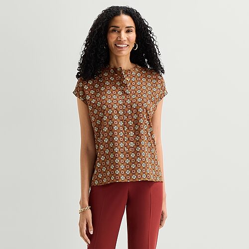 Liz Claiborne Womens Round Neck Short Sleeve Blouse In Brown