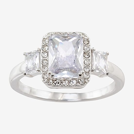 Sparkle Allure Side Stone Womens Cubic Zirconia Pure Silver Over Brass Side Stone Halo Engagement Ring