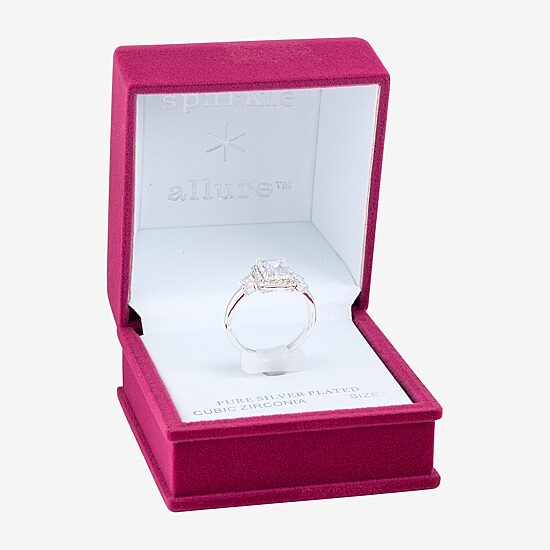 Sparkle Allure Side Stone Womens Cubic Zirconia Pure Silver Over Brass Side Stone Halo Engagement Ring