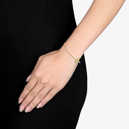 Womens 18K Gold Over Silver 7 Inch Solid Heart Keys Chain Bracelet