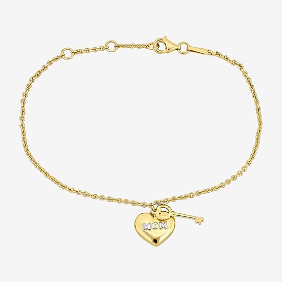 Womens 18K Gold Over Silver 7 Inch Solid Heart Keys Chain Bracelet