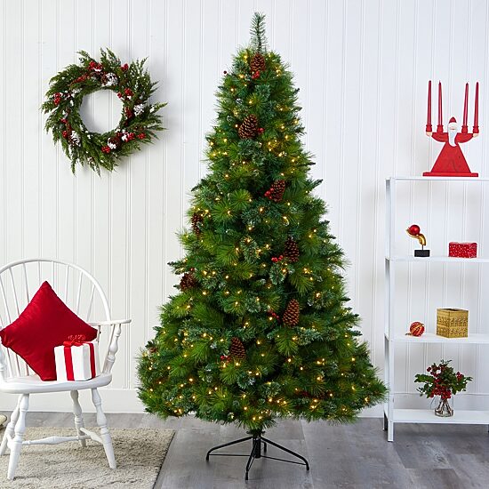 Nearly Natural Mixed 7 Foot Pre-Lit Pine Christmas Tree